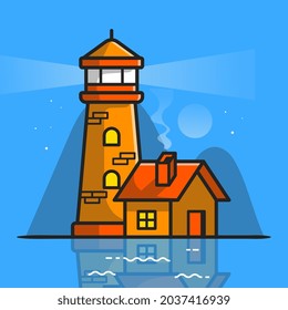 Lighthouse With House Building Cartoon Vector Icon Illustration. Building Outdoor Icon Concept Isolated Premium Vector. Flat Cartoon Style