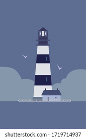 Lighthouse, a house and clouds in blue colors