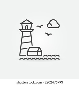 Lighthouse with House and Clouds vector concept icon or symbol in thin line style