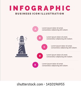 Lighthouse, House, Light, Beach, Ocean Solid Icon Infographics 5 Steps Presentation Background
