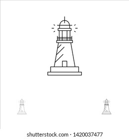 Lighthouse, House, Light, Beach, Ocean Bold and thin black line icon set