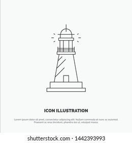Lighthouse, House, Light, Beach, Ocean Line Icon Vector