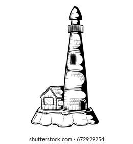 Lighthouse with house on island in doodle style, hand drawn