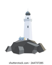 Lighthouse with house on rocks flat illustration isolated on white
