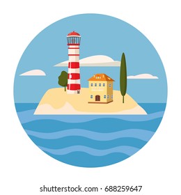 Lighthouse, house, sea, card, vector, illustration