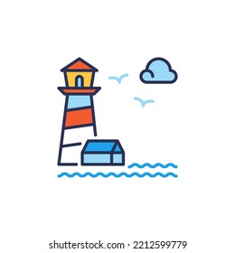 Lighthouse with House and Seagulls vector concept colored icon or sign