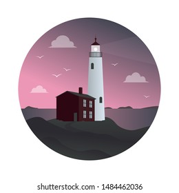 The lighthouse with the house at sunset is surrounded by clouds and seagulls. Composition in the round.