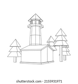Lighthouse with house and trees landscape. Navigation Beacon building. Wireframe low poly mesh vector illustration.