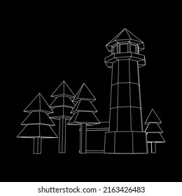 Lighthouse with house and trees landscape. Navigation Beacon building. Wireframe low poly mesh vector illustration.