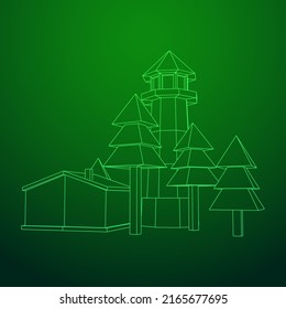 Lighthouse with house and trees landscape. Navigation Beacon building. Wireframe low poly mesh vector illustration.
