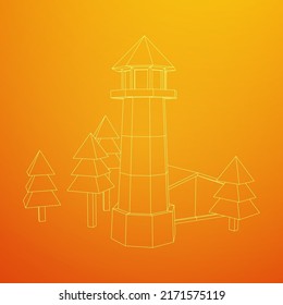 Lighthouse with house and trees landscape. Navigation Beacon building. Wireframe low poly mesh vector illustration.
