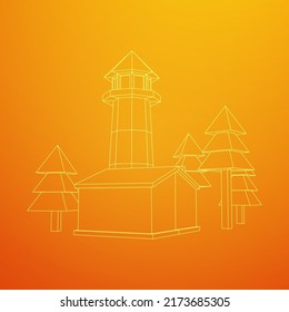 Lighthouse with house and trees landscape. Navigation Beacon building. Wireframe low poly mesh vector illustration.