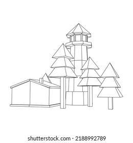 Lighthouse with house and trees landscape. Navigation Beacon building. Wireframe low poly mesh vector illustration.