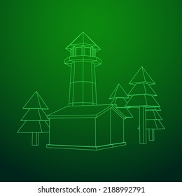Lighthouse with house and trees landscape. Navigation Beacon building. Wireframe low poly mesh vector illustration.