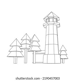 Lighthouse with house and trees landscape. Navigation Beacon building. Wireframe low poly mesh vector illustration.