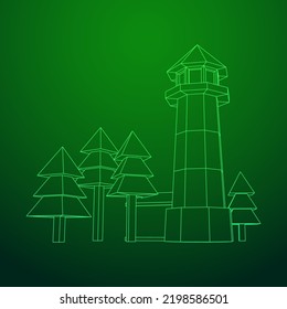 Lighthouse with house and trees landscape. Navigation Beacon building. Wireframe low poly mesh vector illustration.