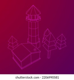 Lighthouse with house and trees landscape. Navigation Beacon building. Wireframe low poly mesh vector illustration.