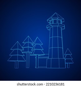 Lighthouse with house and trees landscape. Navigation Beacon building. Wireframe low poly mesh vector illustration.