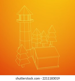 Lighthouse with house and trees landscape. Navigation Beacon building. Wireframe low poly mesh vector illustration.