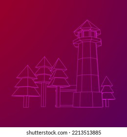 Lighthouse with house and trees landscape. Navigation Beacon building. Wireframe low poly mesh vector illustration.