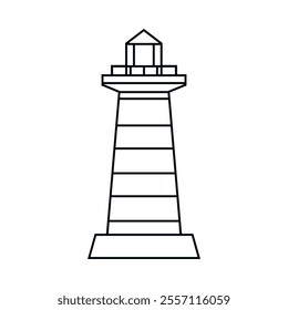 The lighthouse icon. The black outline of the lighthouse. Maritime navigation. Vector illustration isolated on a white background for design and web.