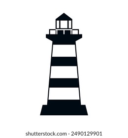 The lighthouse icon. The black silhouette of the lighthouse. Maritime navigation. Vector illustration isolated on a white background for design and web.