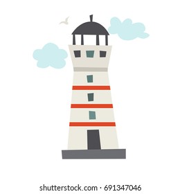 Lighthouse icon. Cartoon Icelandic lighthouse with clouds. Vector illustration, isolated on white background