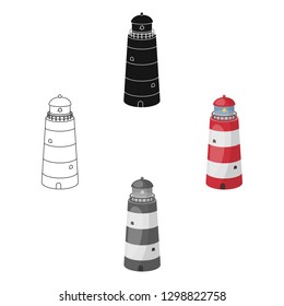Lighthouse icon in cartoon style isolated on white background. Rest and travel symbol stock vector illustration.