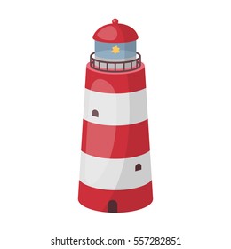 Lighthouse icon in cartoon style isolated on white background. Rest and travel symbol stock vector illustration.