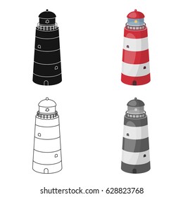 Lighthouse icon in cartoon style isolated on white background. Rest and travel symbol stock vector illustration.