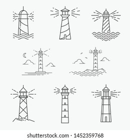 Lighthouse icon collection. Vector illustration, EPS.  Line design, editable strokes