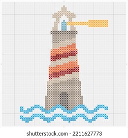 Lighthouse Icon Cross Stitch, Light Tower, Building For Navigational Aid For Sea, Inland Waterways Vector Art Illustration