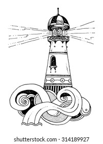 lighthouse icon decorative old retro curved waves