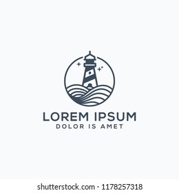 lighthouse icon design with ocean waves logo template vector illustration