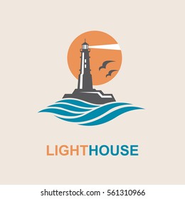 lighthouse icon design with ocean waves and seagulls. Vector illustration