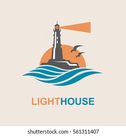 lighthouse icon design with ocean waves and seagulls. Vector illustration