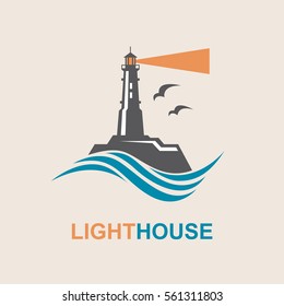 lighthouse icon design with ocean waves and seagulls. Vector illustration