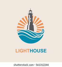 lighthouse icon design with ocean waves and seagulls. Vector illustration