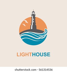 lighthouse icon design with ocean waves and seagulls. Vector illustration