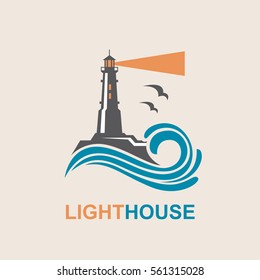 lighthouse icon design with ocean waves and seagulls. Vector illustration