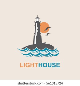 lighthouse icon design with ocean waves and seagulls. Vector illustration