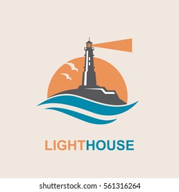 lighthouse icon design with ocean waves and seagulls. Vector illustration