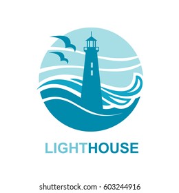 lighthouse icon design with ocean waves and seagulls. Vector illustration