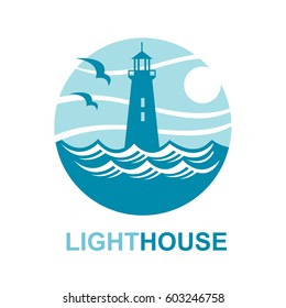 lighthouse icon design with ocean waves and seagulls. Vector illustration