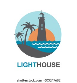 lighthouse icon design with ocean waves and seagulls. Vector illustration