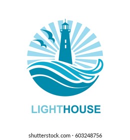 lighthouse icon design with ocean waves and seagulls. Vector illustration