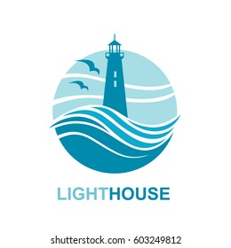 lighthouse icon design with ocean waves and seagulls. Vector illustration