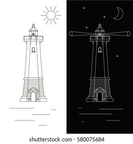 Lighthouse. Icon design trend in a linear fashion. The concept of navigation. Sun, water , Seagull. Isolated on a white background.The signal tower. Vector illustration. Day and night.