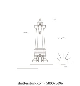 Lighthouse. Icon design trend in a linear fashion. The concept of navigation. Sun, water , Seagull. Isolated on a white background.The signal tower. Vector illustration.