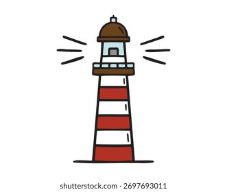 lighthouse icon doodle hand drawn. Red cartoon colorful lighthouse line drawing clipart symbol. Vector illustration